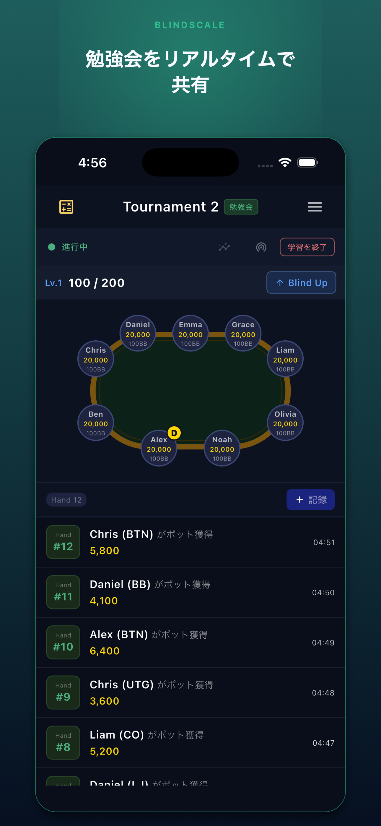 Poker MTT Noteの勉強会モードでプレイヤーのスタックとハンド履歴を表示している画面