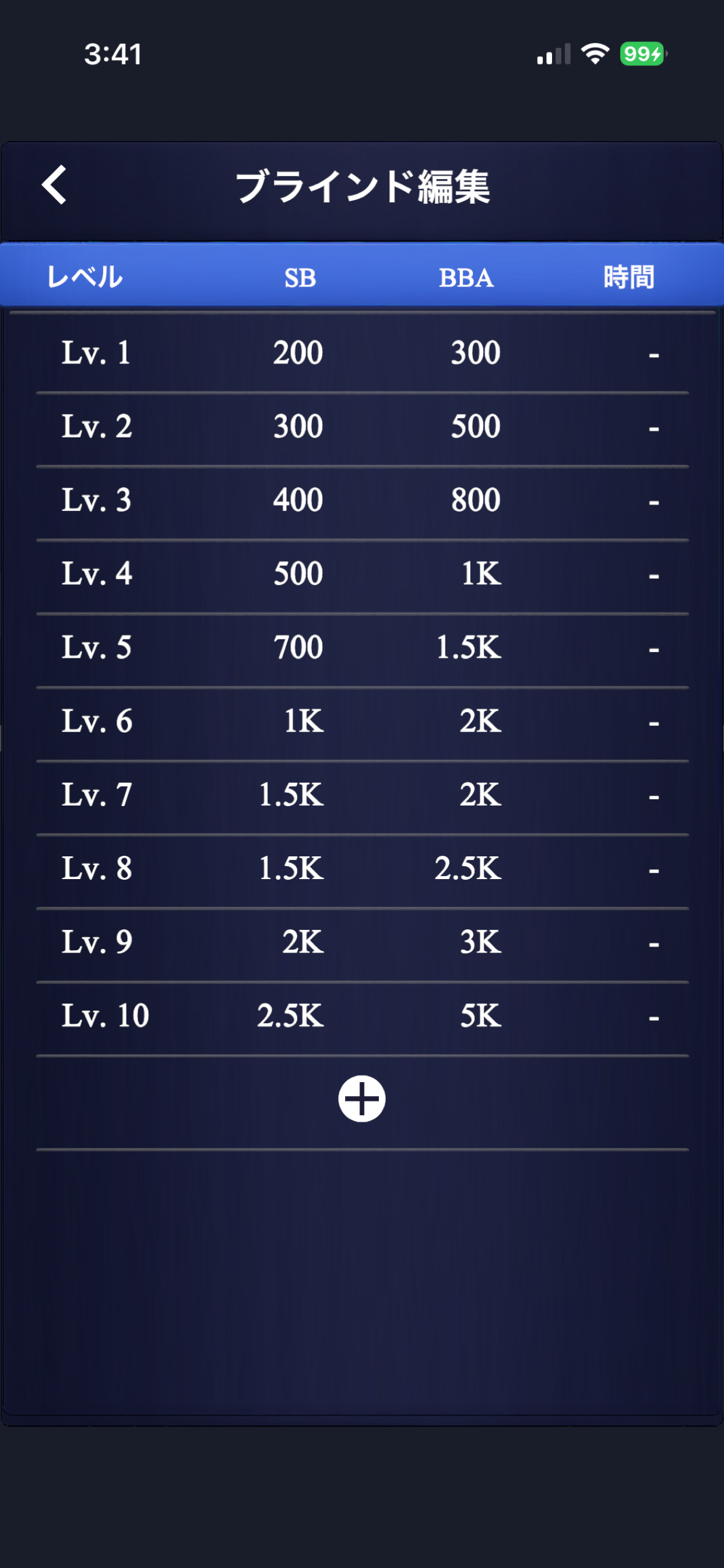 Poker Blind Tournament のブラインド編集画面